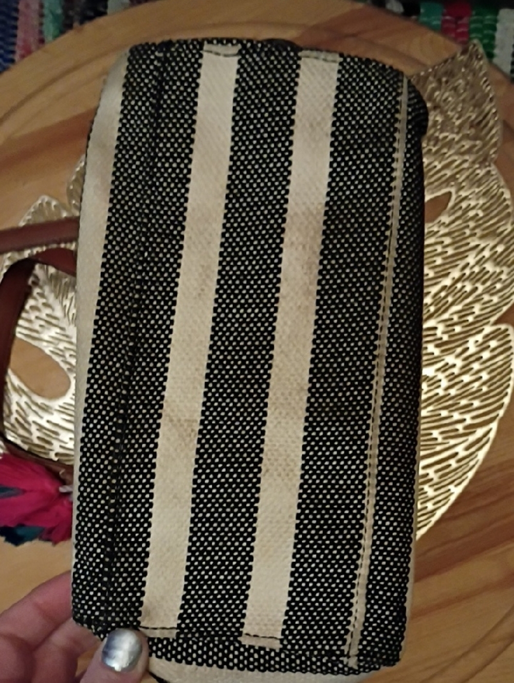 Fossil Black and White Striped Satchel with Brown Leather Trim and Pink Tassel - Picture 8 of 12